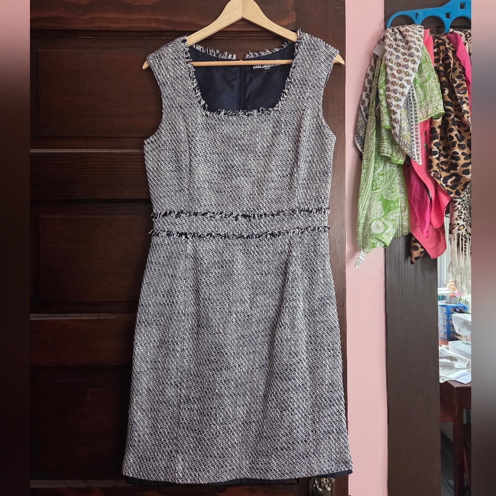 Karl Lagerfeld Navy & White Tweed Midi Sheath Dress
